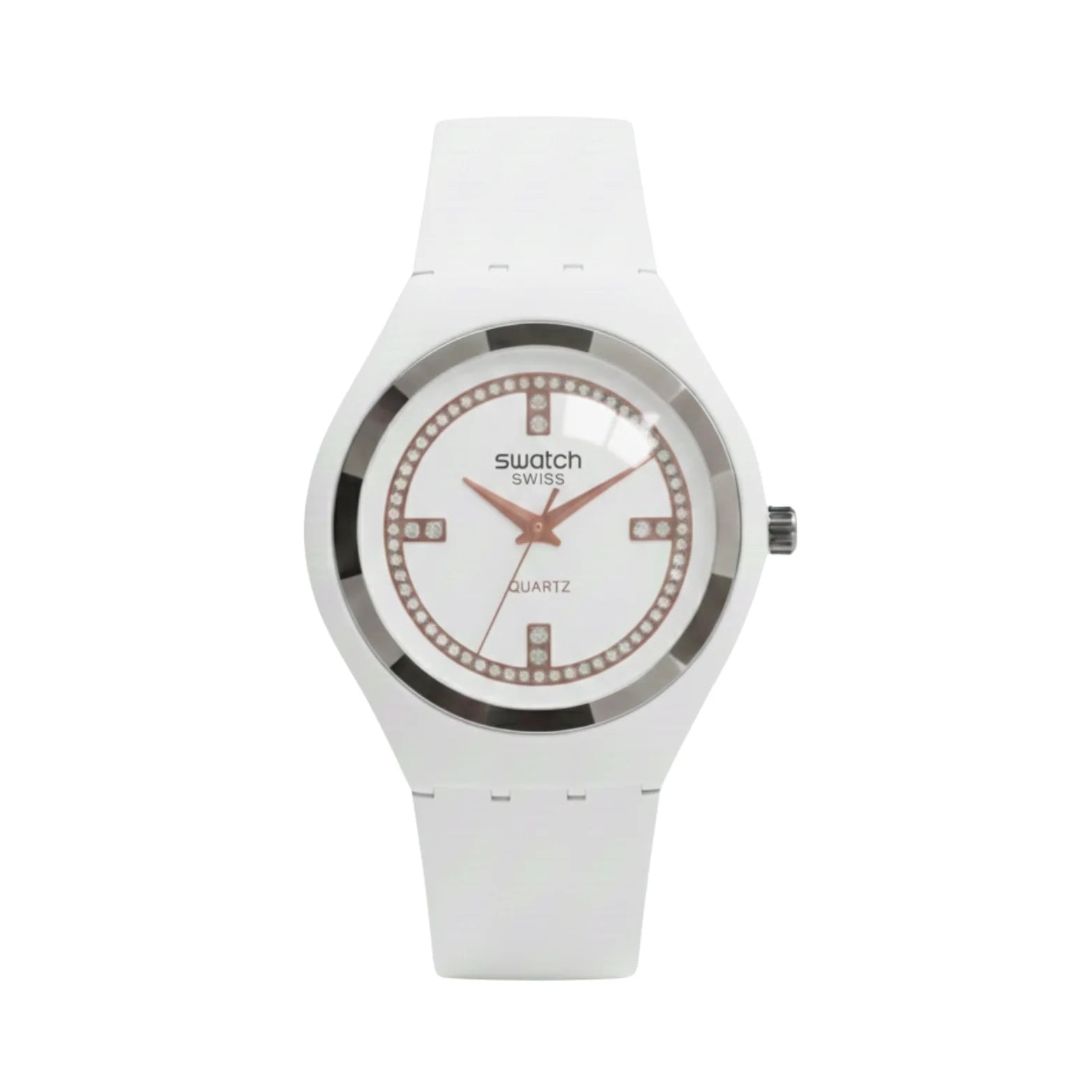 Swatch White Crystal Quartz – Édition Pure Snow (Modèle : SR-WHT38)