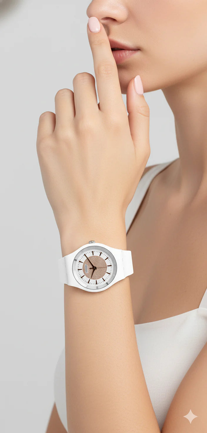 Swatch Femme Blanche Quartz Swiss – Design Élégant Blanc & Beige Doré