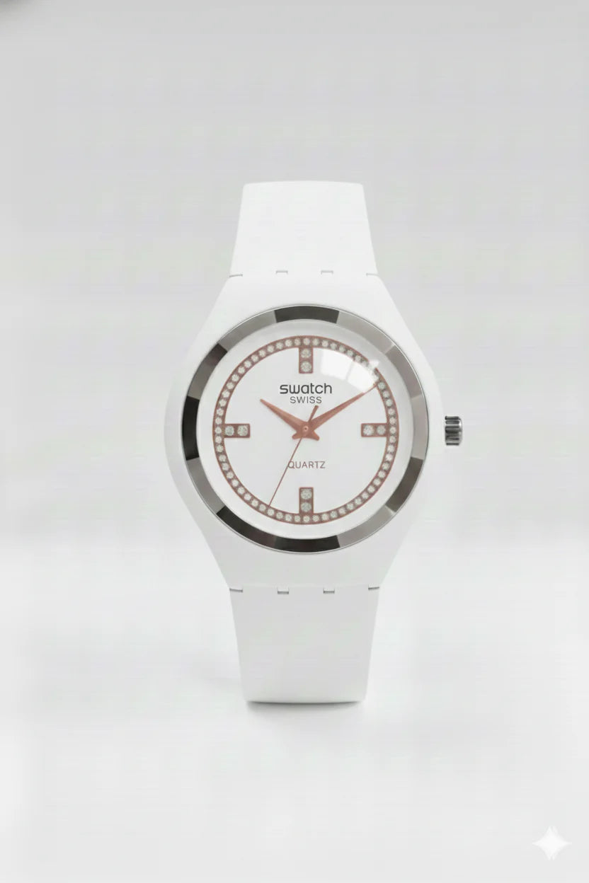 Swatch White Crystal Quartz – Édition Pure Snow (Modèle : SR-WHT38)