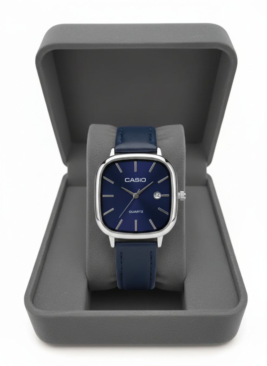 Montre Casio Élégante Quartz - Cadran Bleu Marine & Bracelet Cuir Bleu