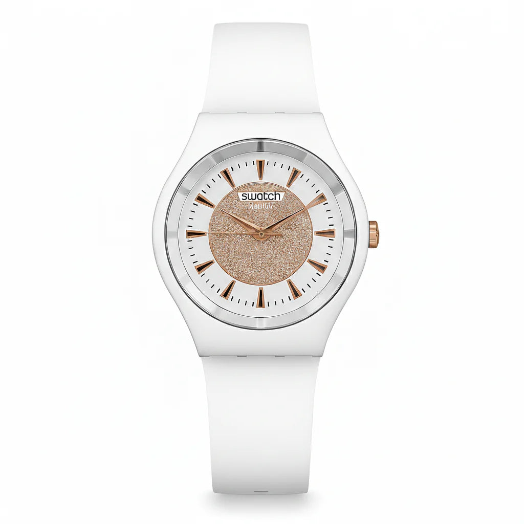 Swatch Femme Blanche Quartz Swiss – Design Élégant Blanc & Beige Doré