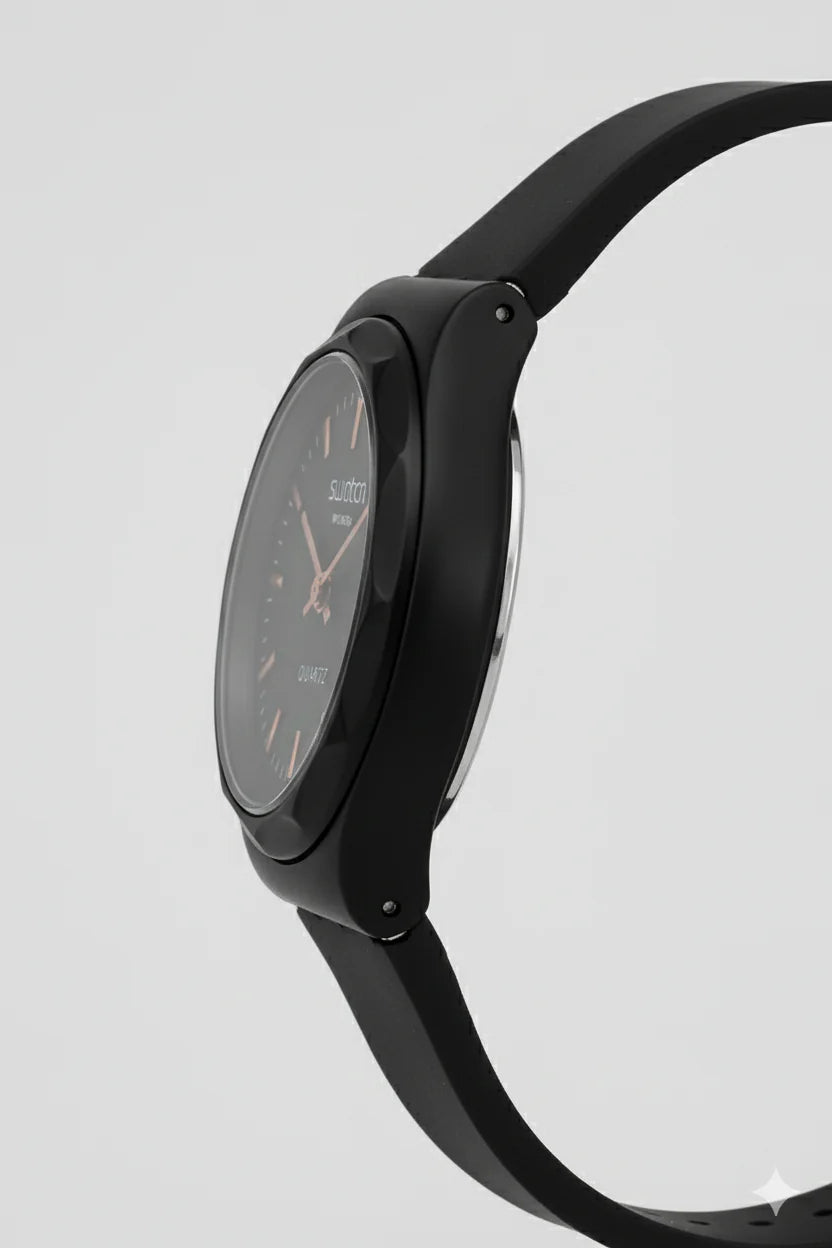 Montre Swatch Noire Mat & Or Rose - L'Élégance Minimaliste