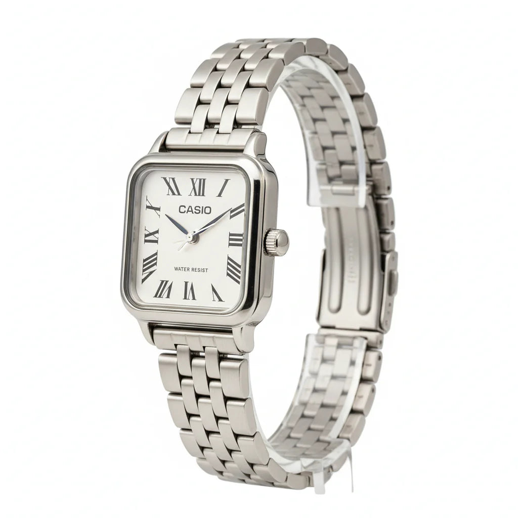 Montre Casio Femme Classique Carrée Aciée Cadran Blanc