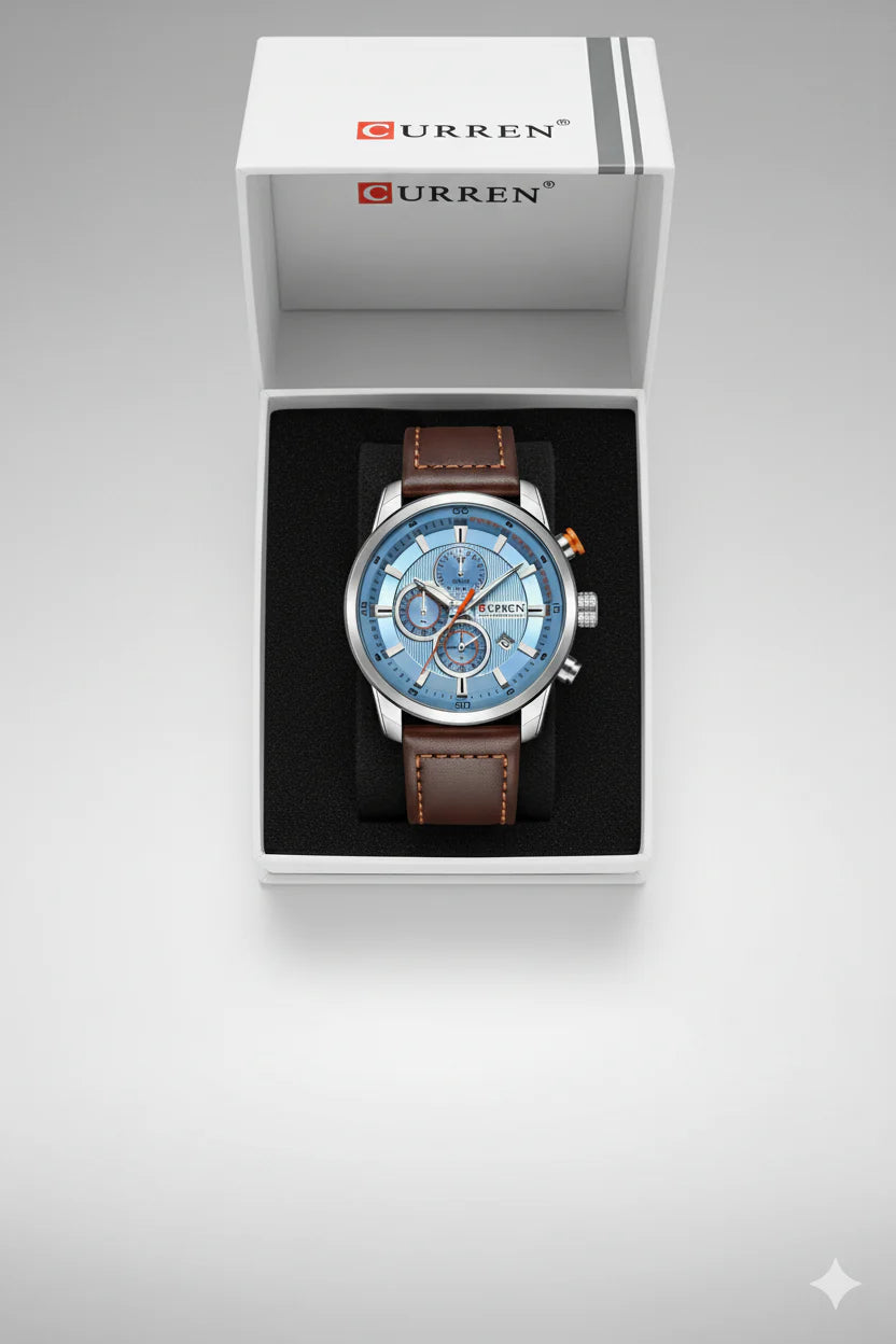 Montre Homme Curren 8291 Marron – Cadran Bleu Ciel, Bracelet Cuir