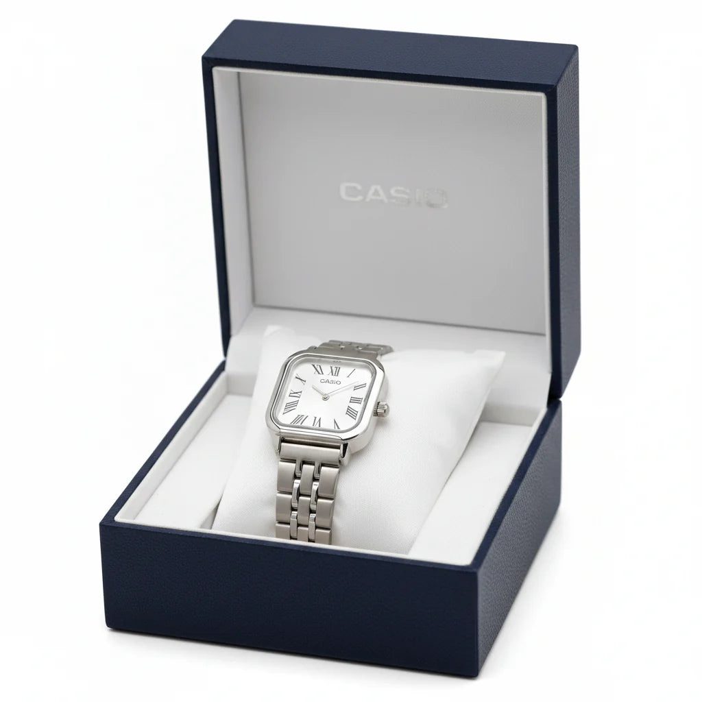 Montre Casio Femme Classique Carrée Aciée Cadran Blanc